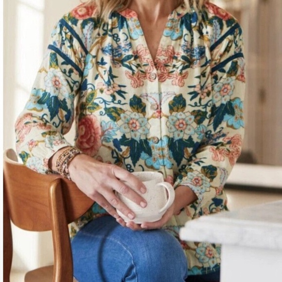 Soft Surroundings Women's Ecru Multi Floral Button-Up Bisonette Gauze size Large - Picture 1 of 7